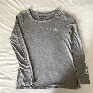 Gray, long sleeve shirt, logo on sleeve and front